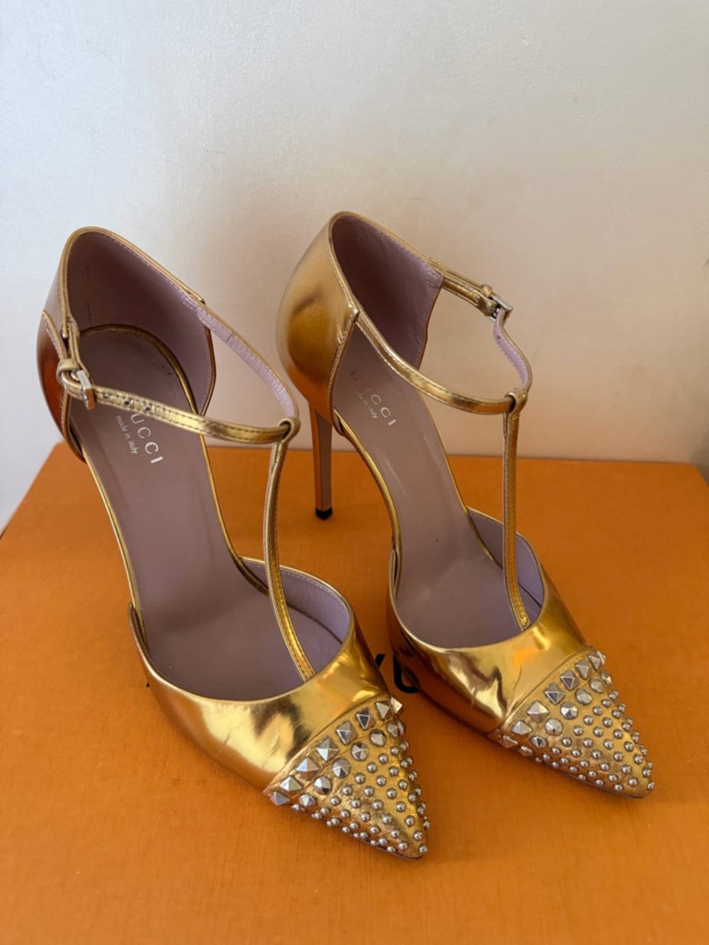 Gucci Metallic Gold Studded Pointed-Toe T‑Strap Stilettos